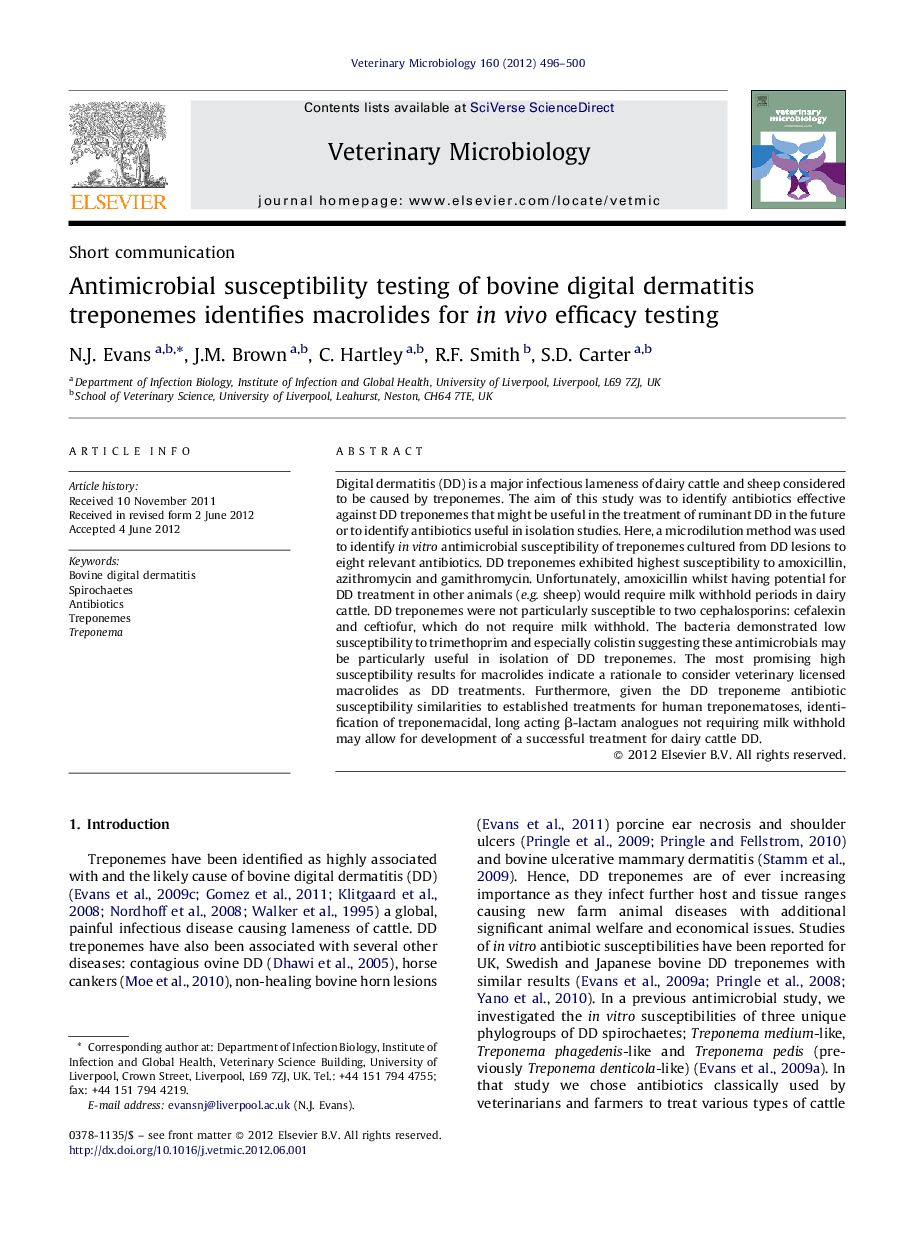 Antimicrobial susceptibility testing of bovine digital dermatitis treponemes identifies macrolides for in vivo efficacy testing