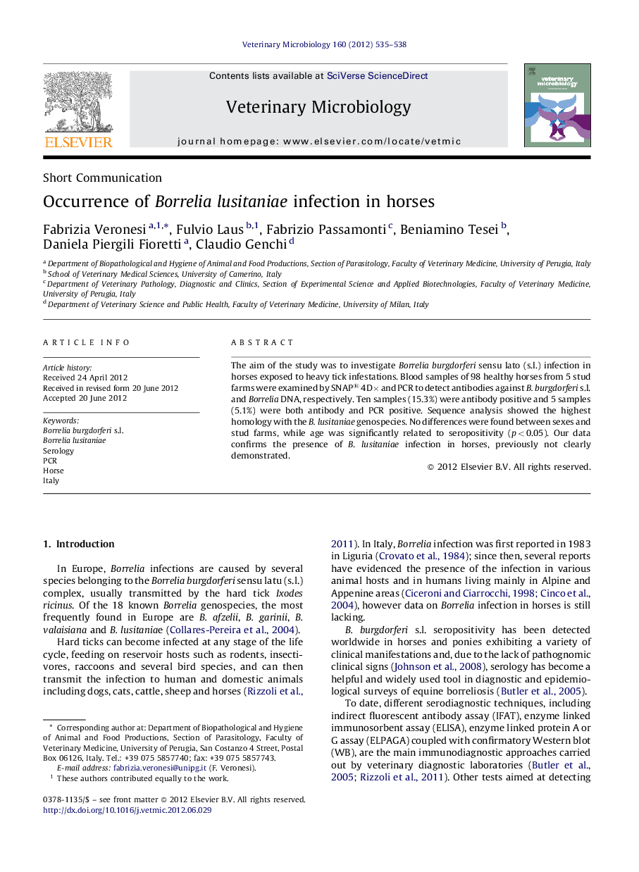 Occurrence of Borrelia lusitaniae infection in horses