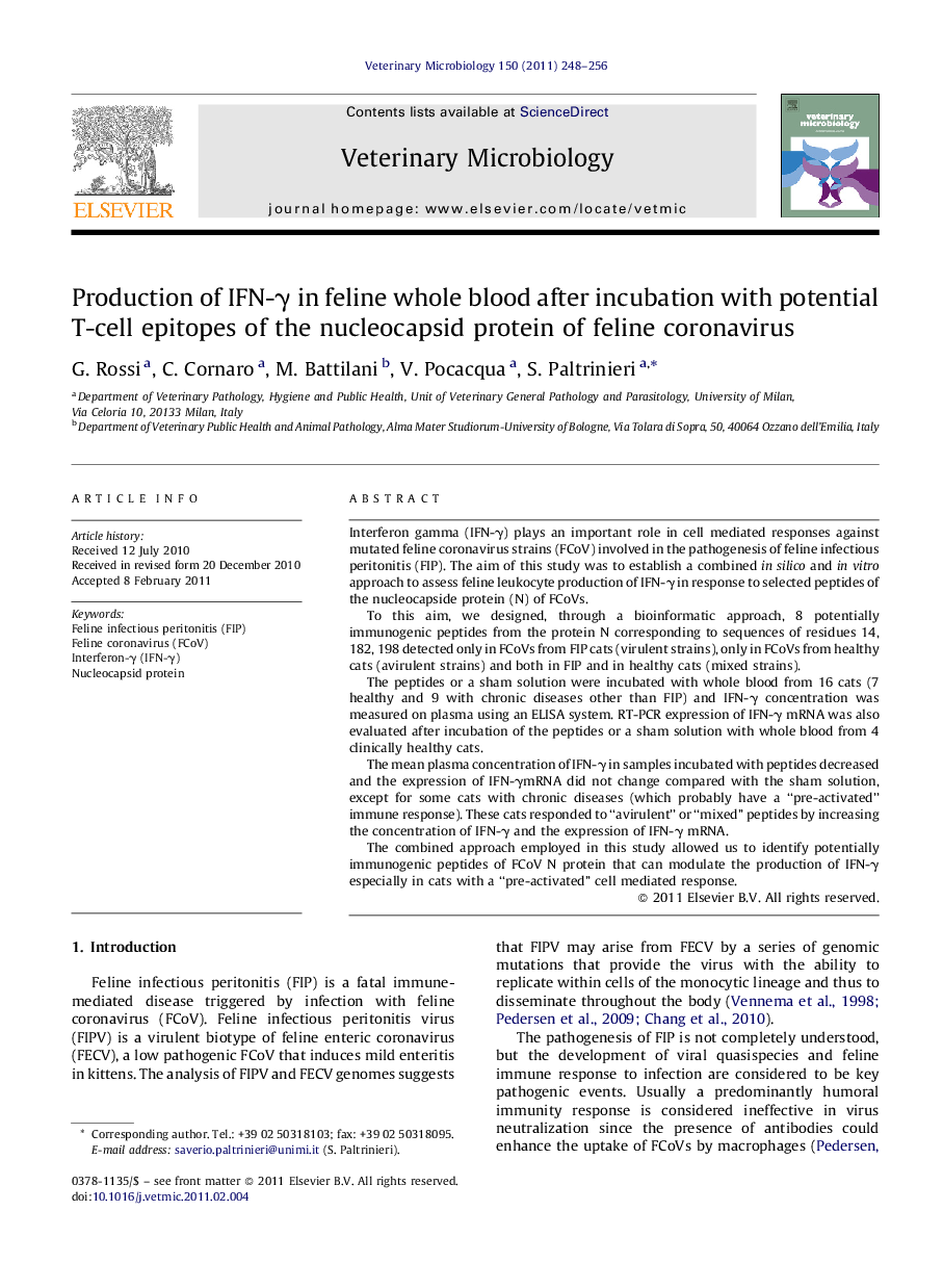 Production of IFN-Î³ in feline whole blood after incubation with potential T-cell epitopes of the nucleocapsid protein of feline coronavirus