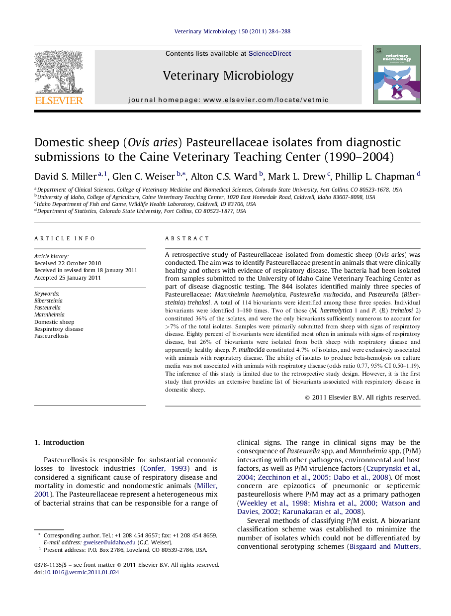 Domestic sheep (Ovis aries) Pasteurellaceae isolates from diagnostic submissions to the Caine Veterinary Teaching Center (1990-2004)