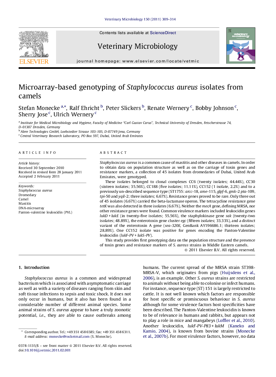 Microarray-based genotyping of Staphylococcus aureus isolates from camels