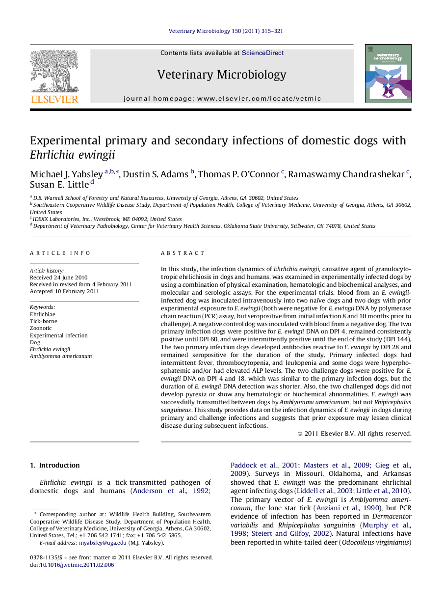 Experimental primary and secondary infections of domestic dogs with Ehrlichia ewingii