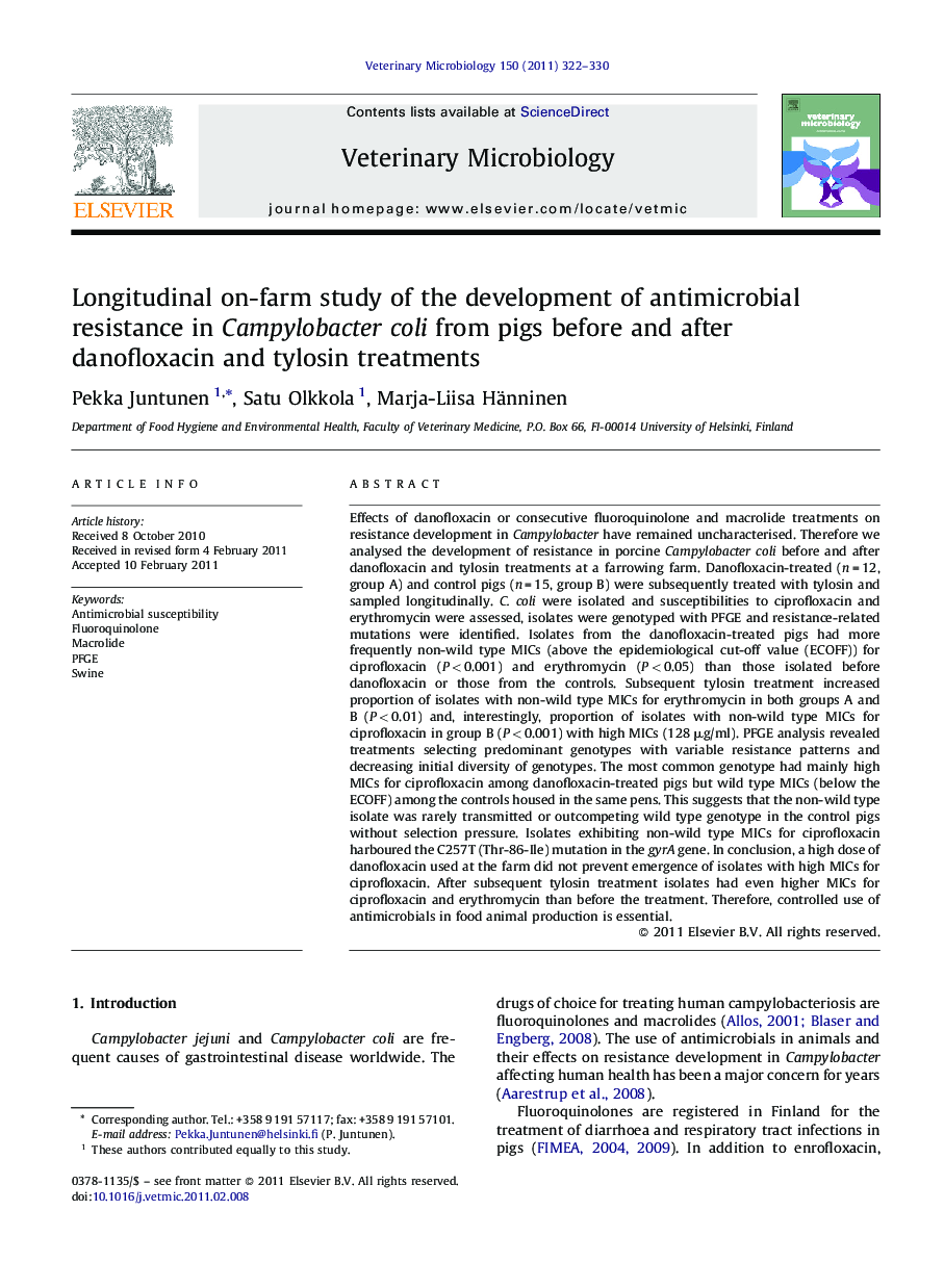 Longitudinal on-farm study of the development of antimicrobial resistance in Campylobacter coli from pigs before and after danofloxacin and tylosin treatments