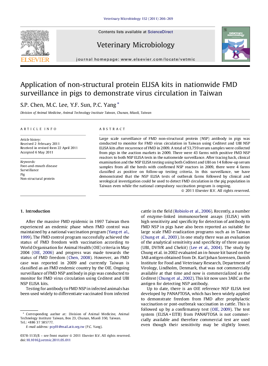 Application of non-structural protein ELISA kits in nationwide FMD surveillance in pigs to demonstrate virus circulation in Taiwan