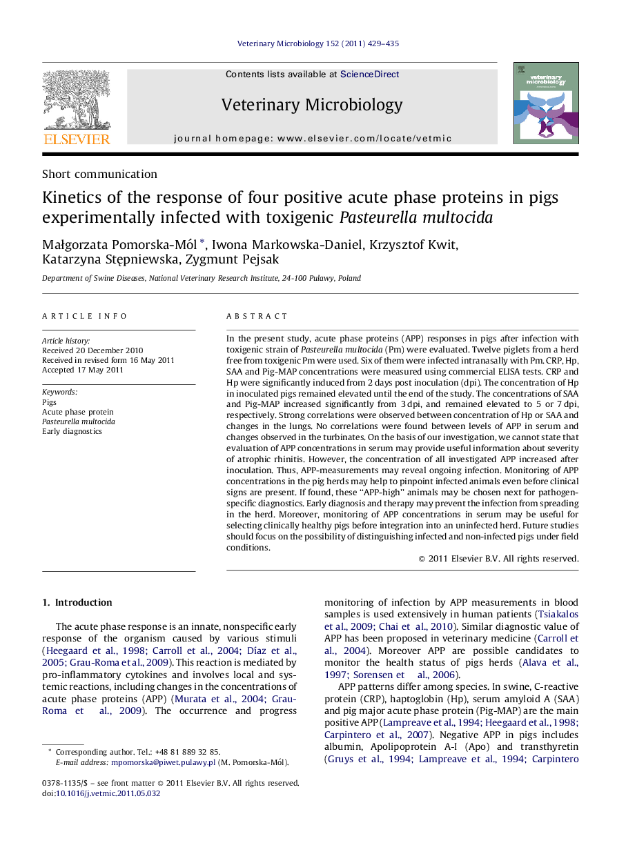 Kinetics of the response of four positive acute phase proteins in pigs experimentally infected with toxigenic Pasteurella multocida