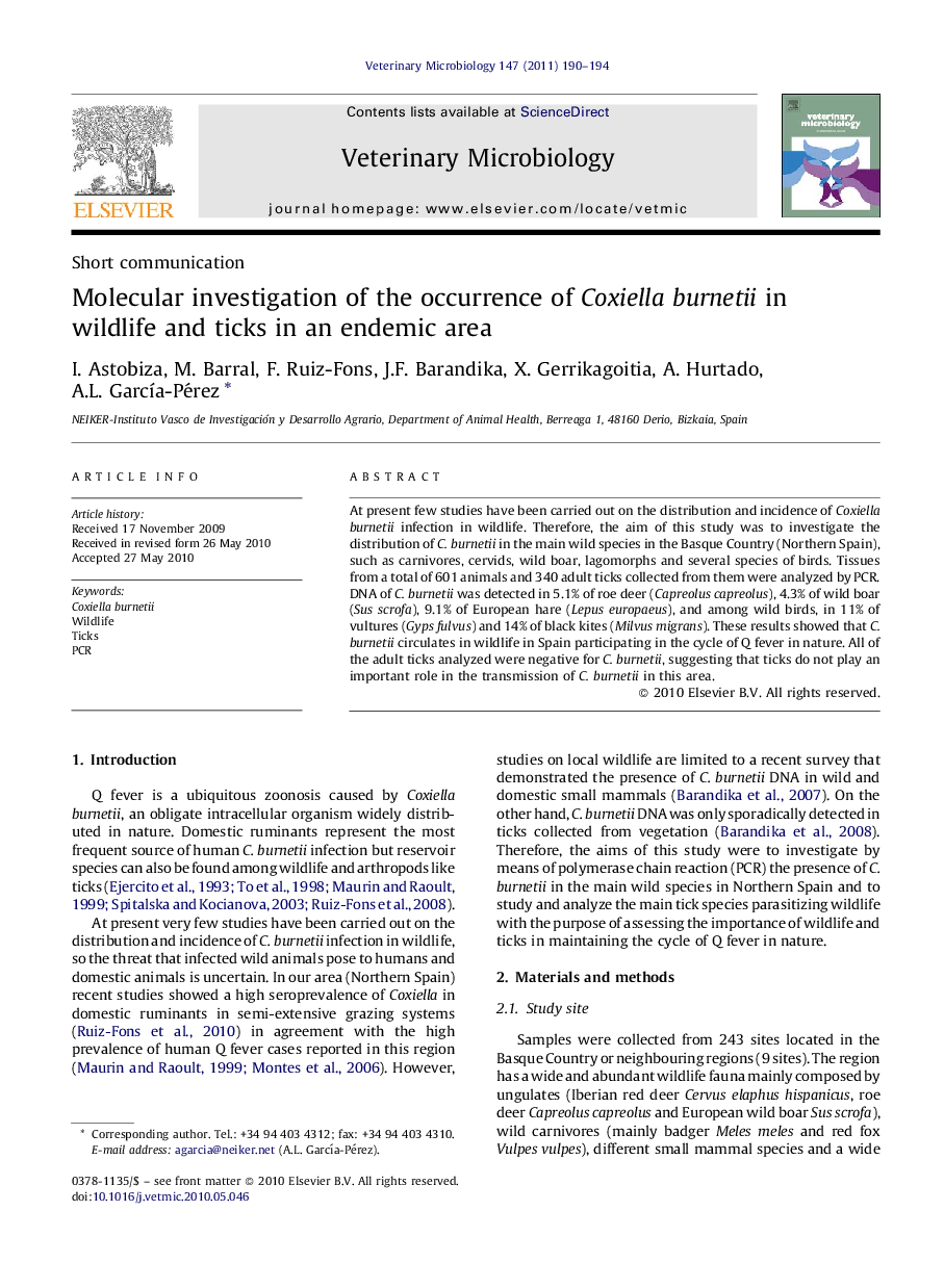 Molecular investigation of the occurrence of Coxiella burnetii in wildlife and ticks in an endemic area