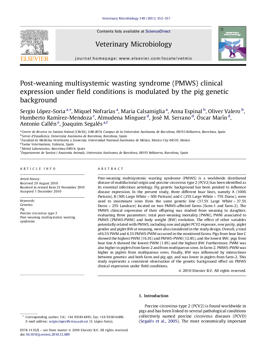 Post-weaning multisystemic wasting syndrome (PMWS) clinical expression under field conditions is modulated by the pig genetic background