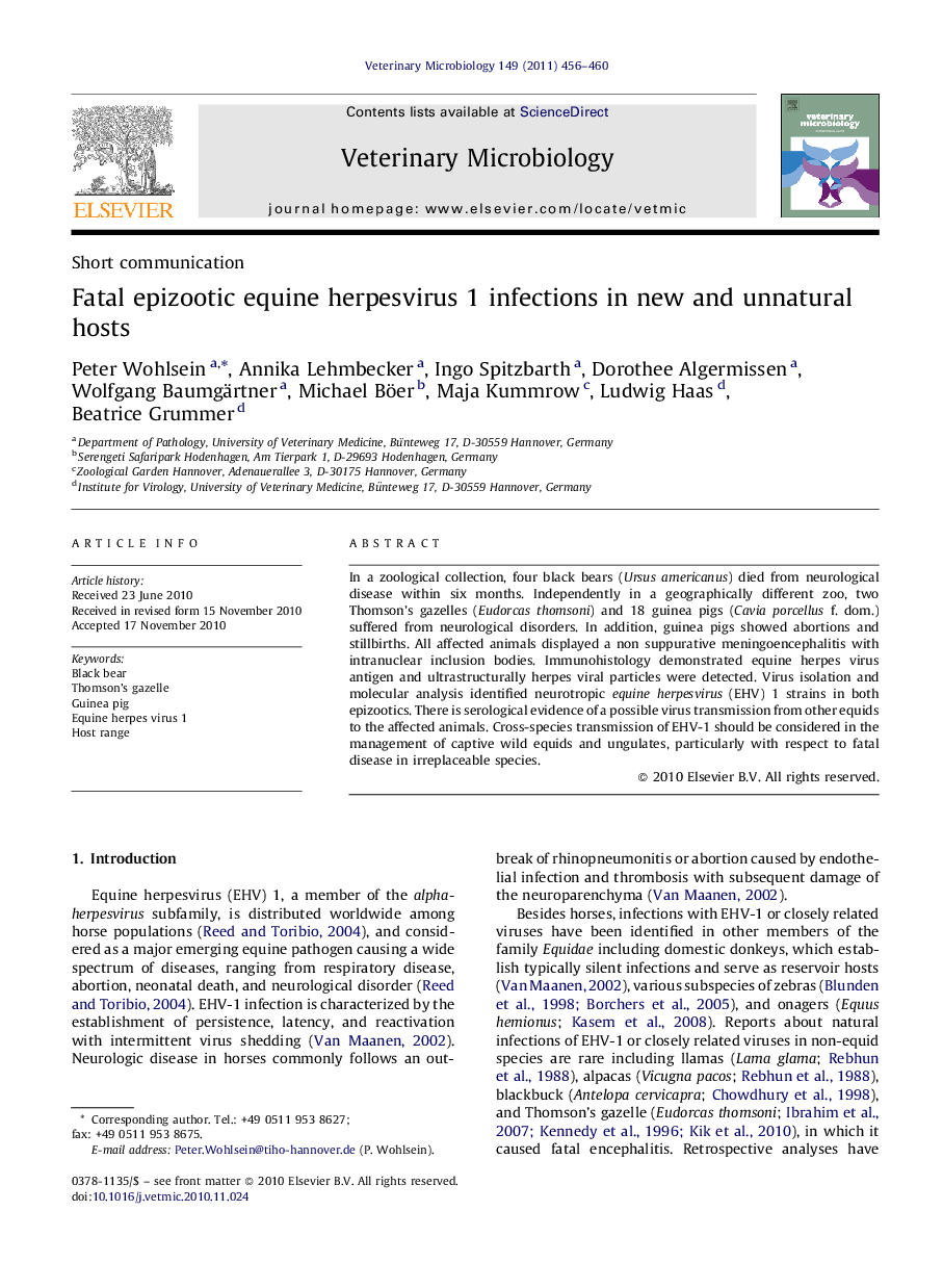 Fatal epizootic equine herpesvirus 1 infections in new and unnatural hosts