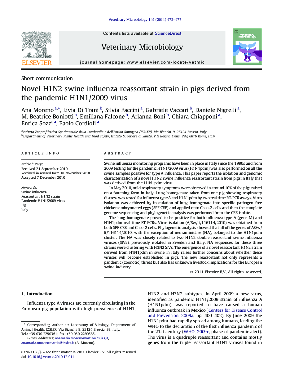 Novel H1N2 swine influenza reassortant strain in pigs derived from the pandemic H1N1/2009 virus