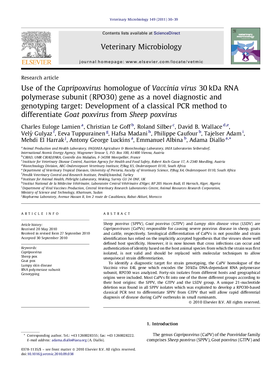 Use of the Capripoxvirus homologue of Vaccinia virus 30 kDa RNA polymerase subunit (RPO30) gene as a novel diagnostic and genotyping target: Development of a classical PCR method to differentiate Goat poxvirus from Sheep poxvirus