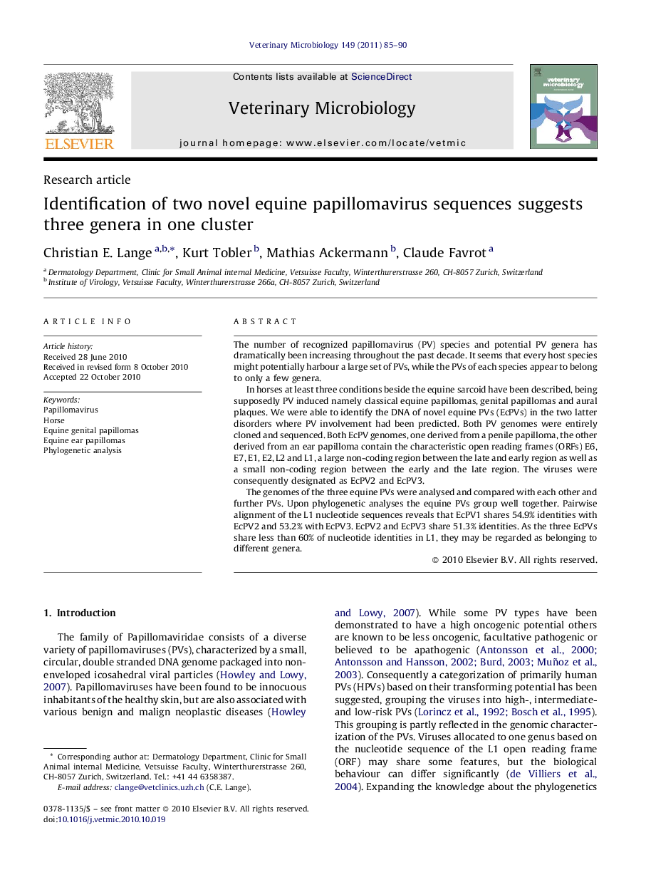 Identification of two novel equine papillomavirus sequences suggests three genera in one cluster