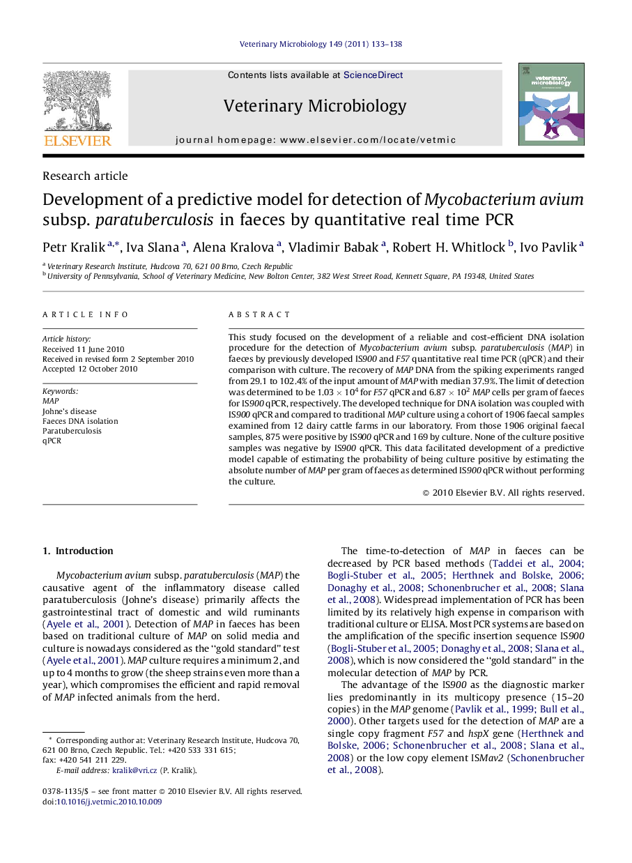 Development of a predictive model for detection of Mycobacterium avium subsp. paratuberculosis in faeces by quantitative real time PCR