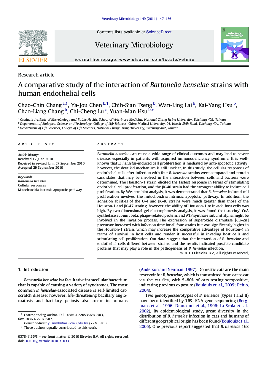 A comparative study of the interaction of Bartonella henselae strains with human endothelial cells