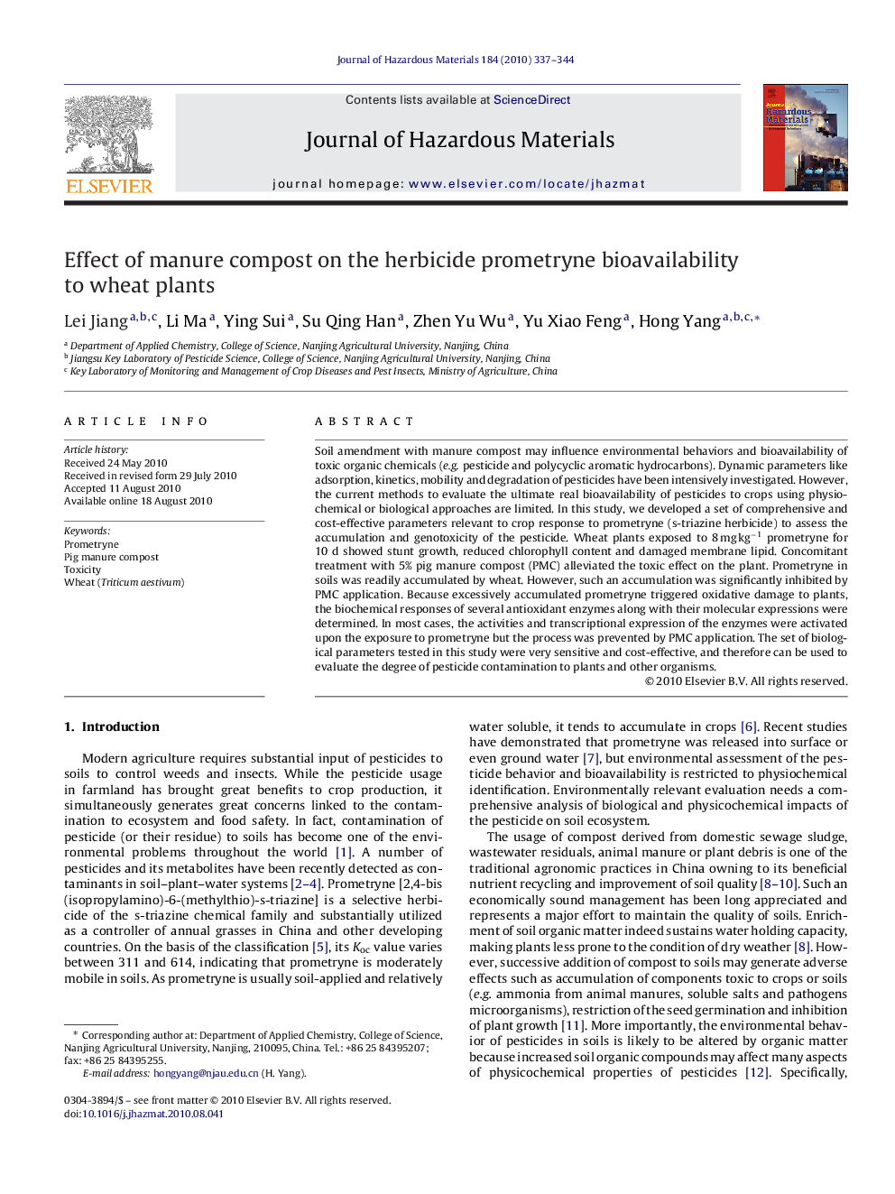 Effect of manure compost on the herbicide prometryne bioavailability to wheat plants