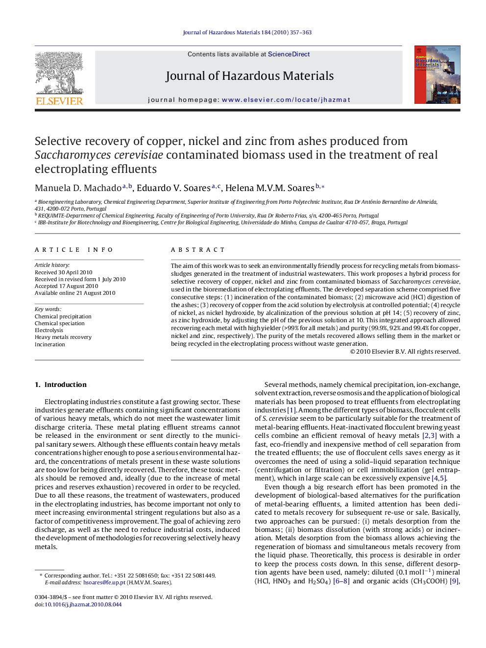 Selective recovery of copper, nickel and zinc from ashes produced from Saccharomyces cerevisiae contaminated biomass used in the treatment of real electroplating effluents