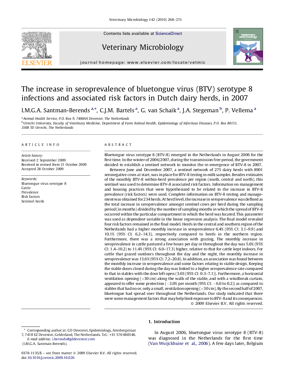 The increase in seroprevalence of bluetongue virus (BTV) serotype 8 infections and associated risk factors in Dutch dairy herds, in 2007