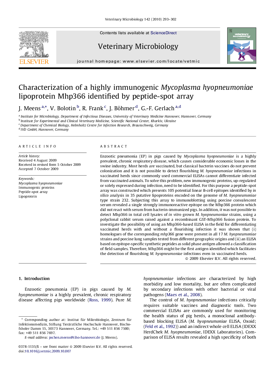 Characterization of a highly immunogenic Mycoplasma hyopneumoniae lipoprotein Mhp366 identified by peptide-spot array