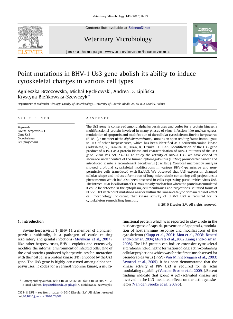 Point mutations in BHV-1 Us3 gene abolish its ability to induce cytoskeletal changes in various cell types