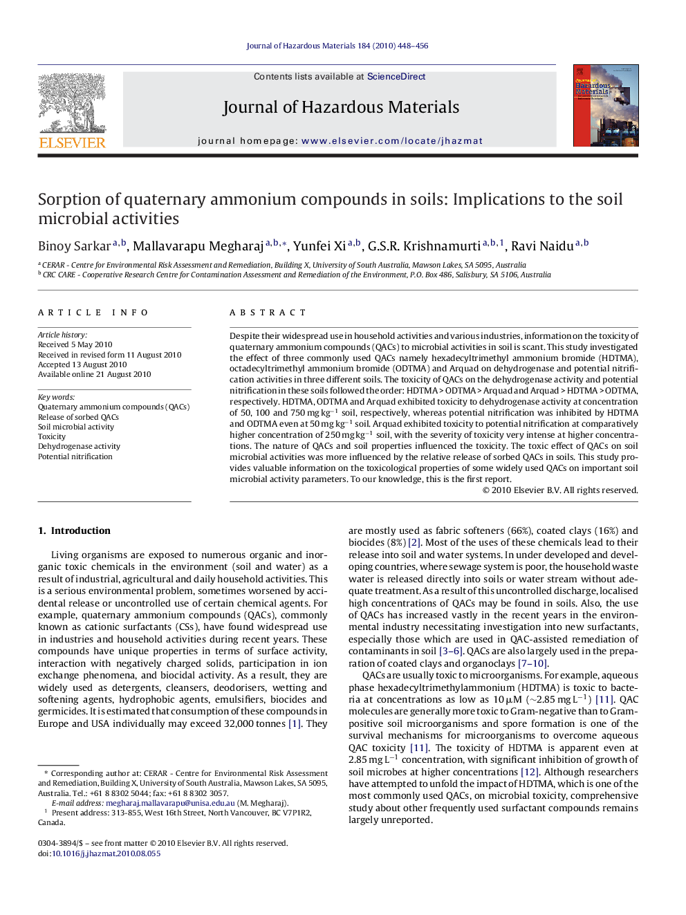 Sorption of quaternary ammonium compounds in soils: Implications to the soil microbial activities