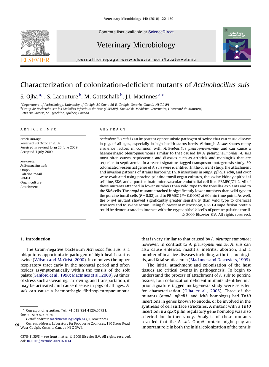 Characterization of colonization-deficient mutants of Actinobacillus suis