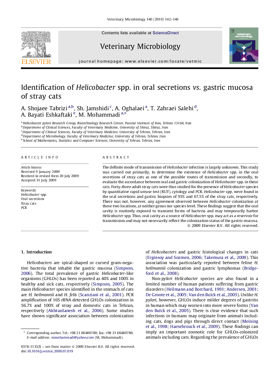 Identification of Helicobacter spp. in oral secretions vs. gastric mucosa of stray cats