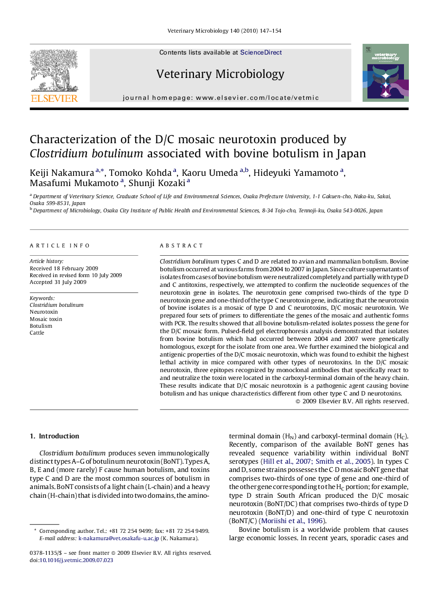 Characterization of the D/C mosaic neurotoxin produced by Clostridium botulinum associated with bovine botulism in Japan