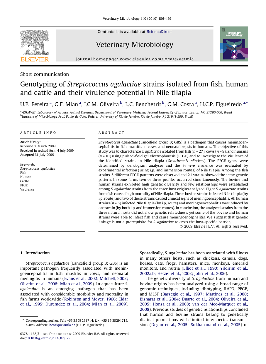 Genotyping of Streptococcus agalactiae strains isolated from fish, human and cattle and their virulence potential in Nile tilapia