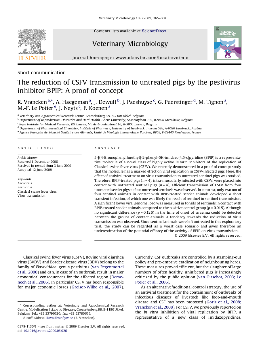 The reduction of CSFV transmission to untreated pigs by the pestivirus inhibitor BPIP: A proof of concept