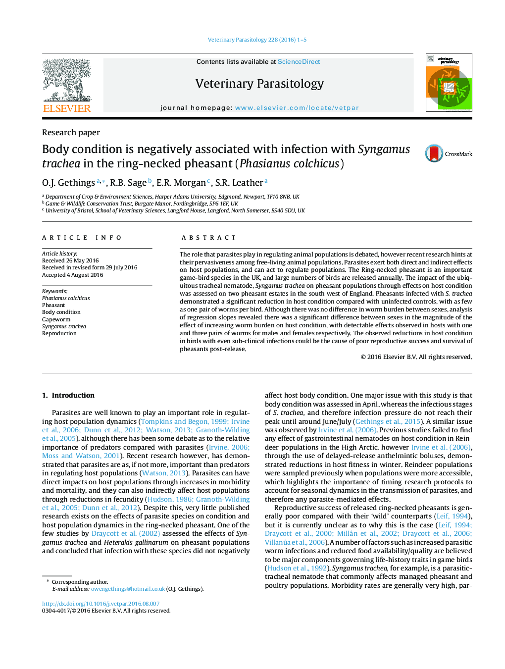 Body condition is negatively associated with infection with Syngamus trachea in the ring-necked pheasant (Phasianus colchicus)