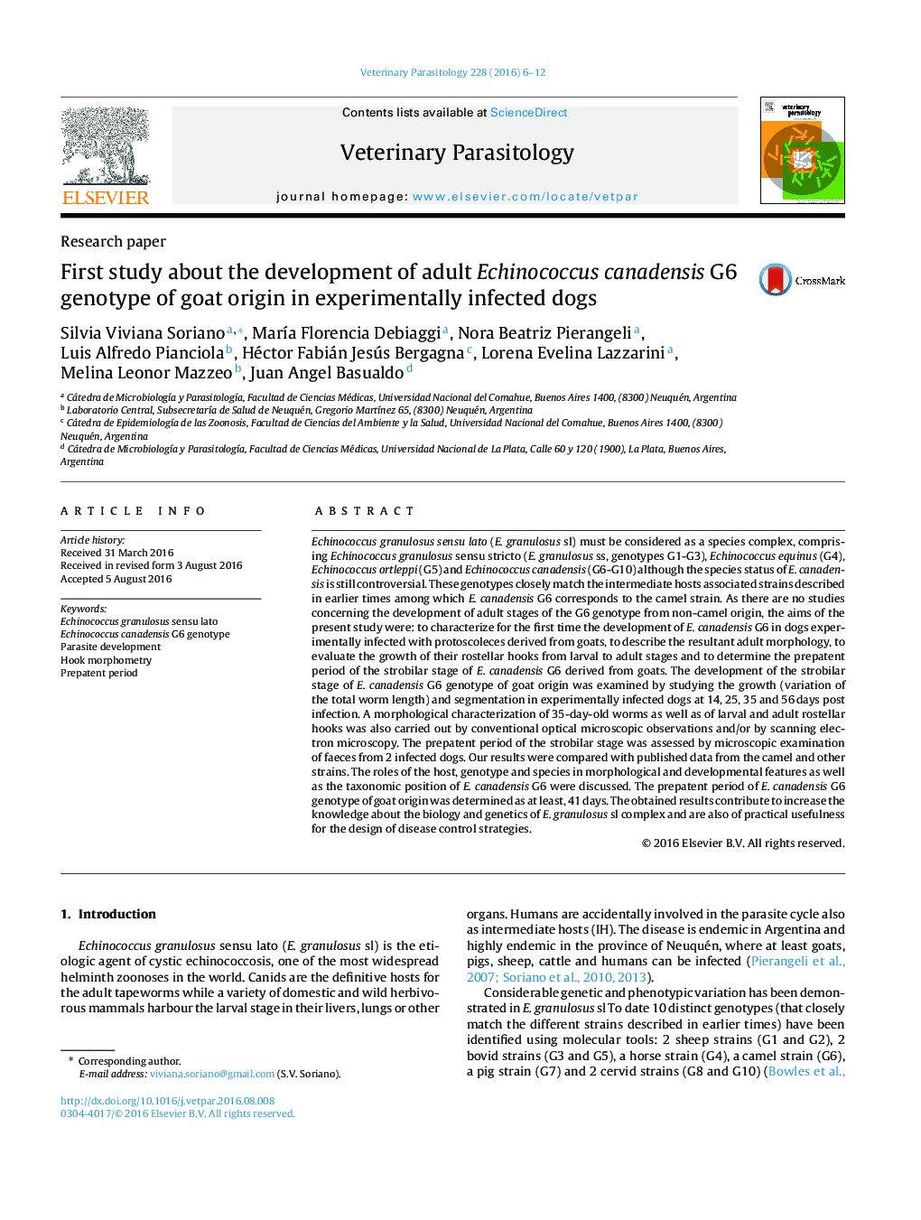 First study about the development of adult Echinococcus canadensis G6 genotype of goat origin in experimentally infected dogs