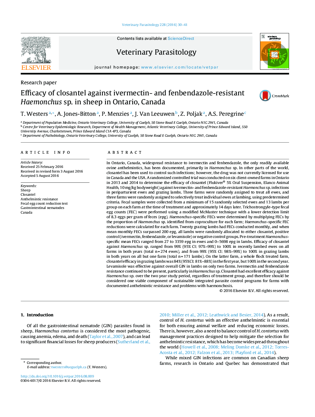 Efficacy of closantel against ivermectin- and fenbendazole-resistant Haemonchus sp. in sheep in Ontario, Canada