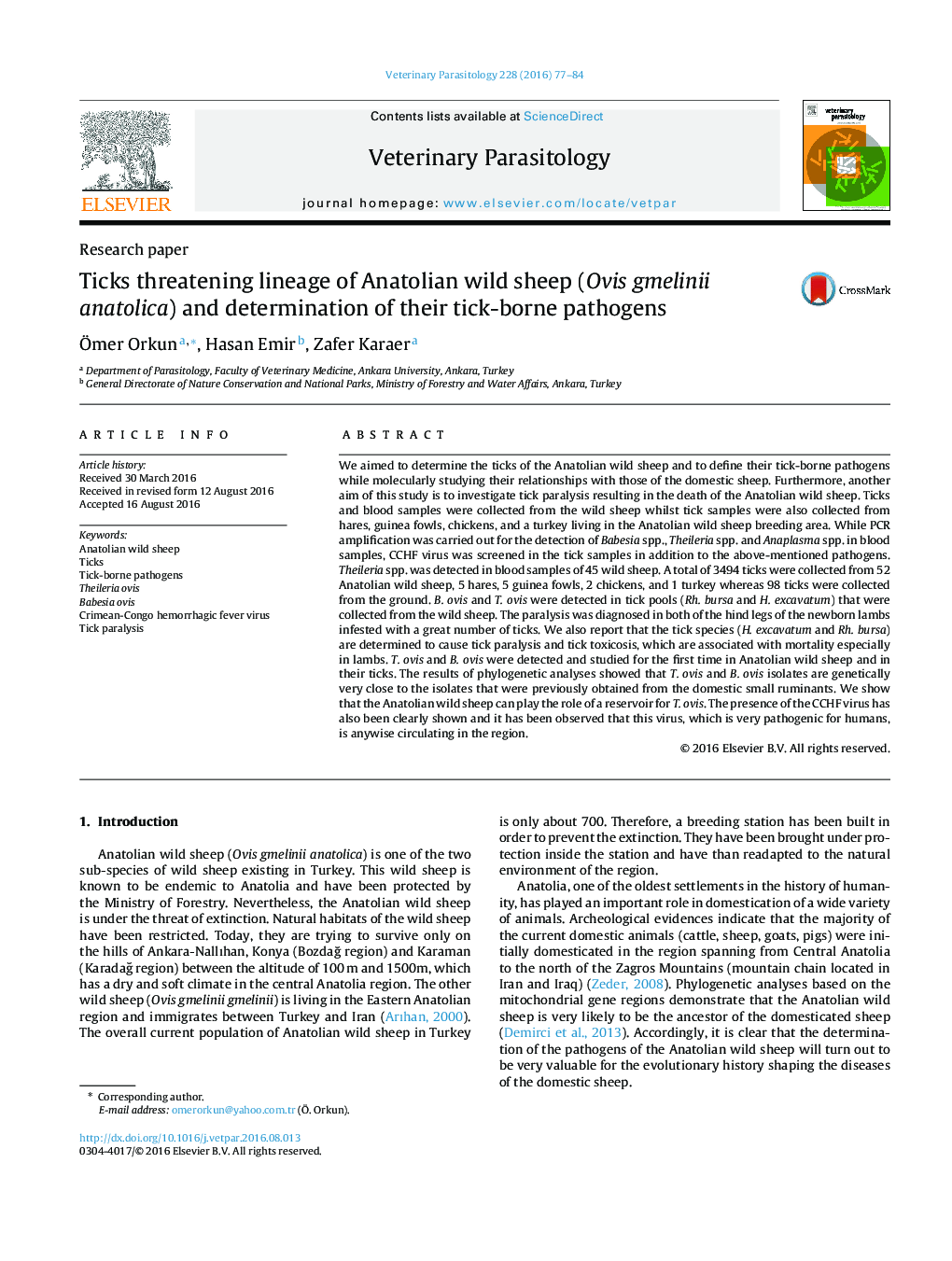 Ticks threatening lineage of Anatolian wild sheep (Ovis gmelinii anatolica) and determination of their tick-borne pathogens