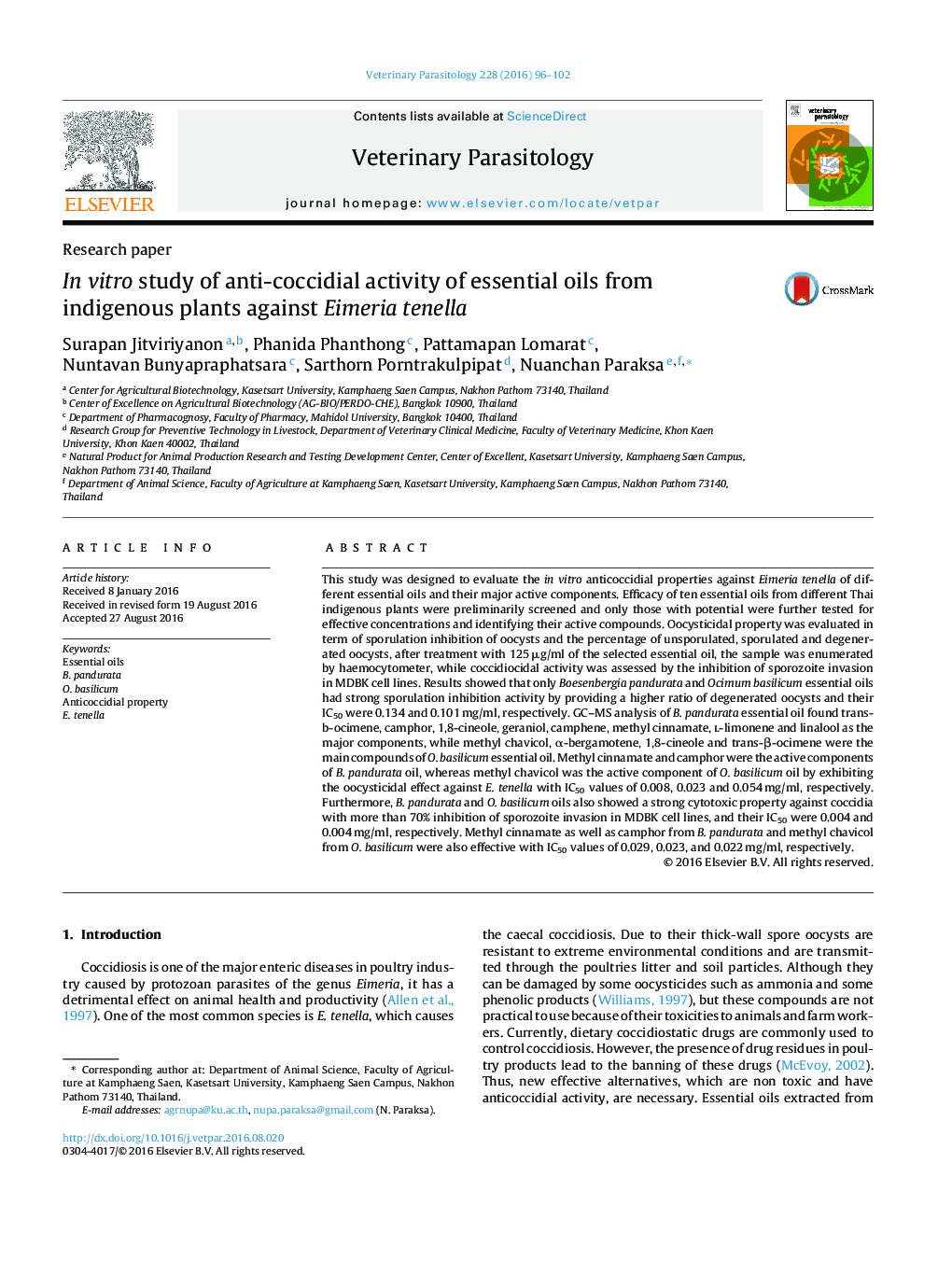 In vitro study of anti-coccidial activity of essential oils from indigenous plants against Eimeria tenella