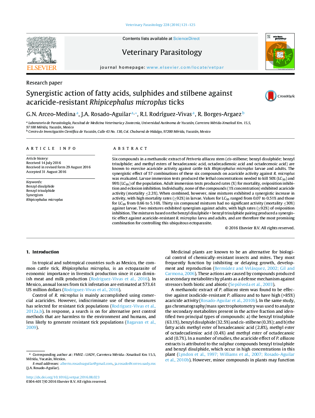 Synergistic action of fatty acids, sulphides and stilbene against acaricide-resistant Rhipicephalus microplus ticks