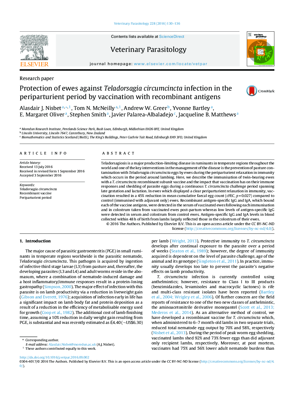 Protection of ewes against Teladorsagia circumcincta infection in the periparturient period by vaccination with recombinant antigens