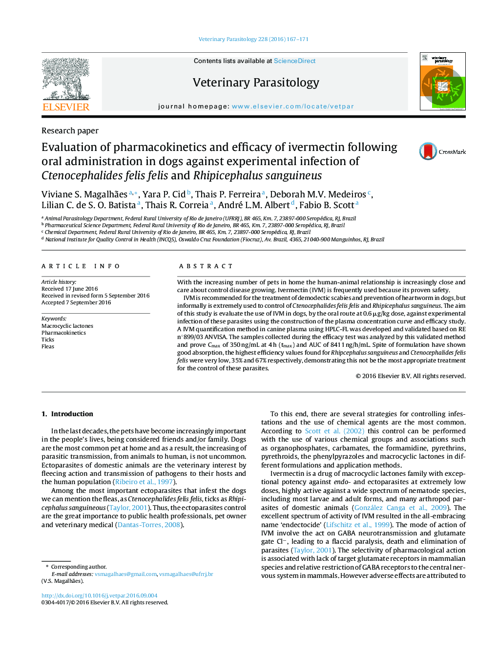 Evaluation of pharmacokinetics and efficacy of ivermectin following oral administration in dogs against experimental infection of Ctenocephalides felis felis and Rhipicephalus sanguineus