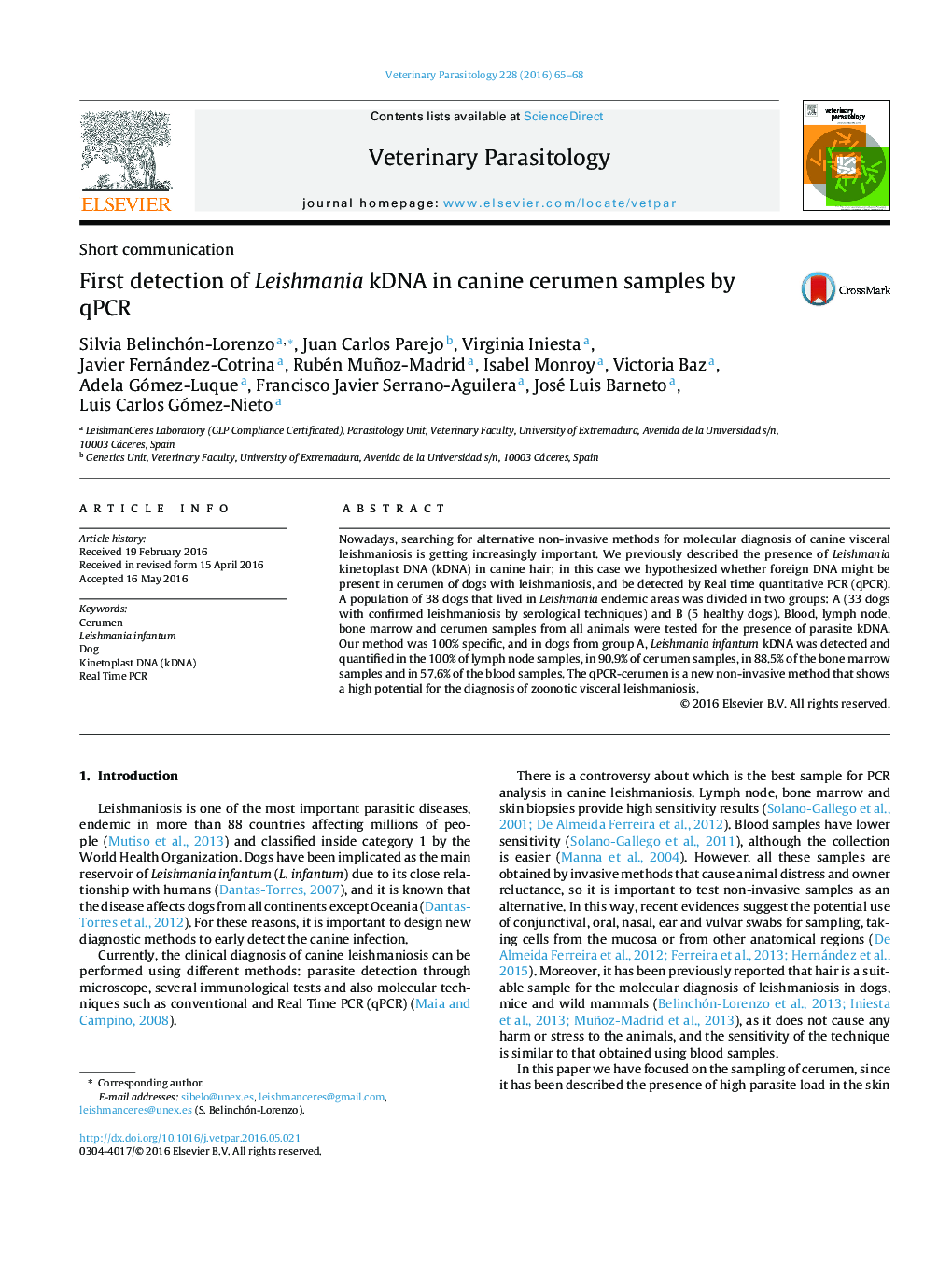 First detection of Leishmania kDNA in canine cerumen samples by qPCR