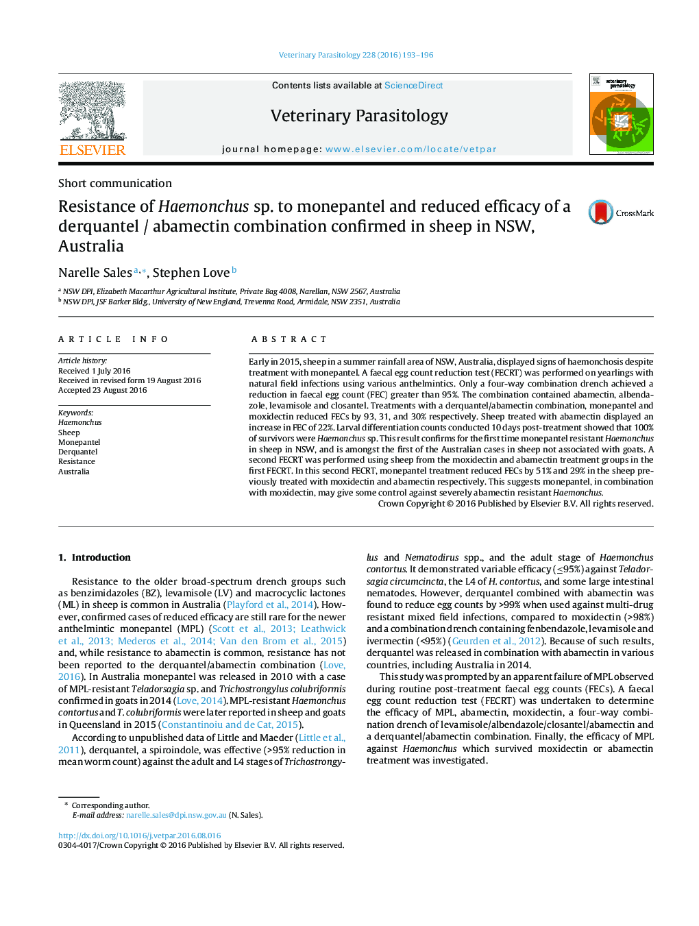 Resistance of Haemonchus sp. to monepantel and reduced efficacy of a derquantel / abamectin combination confirmed in sheep in NSW, Australia