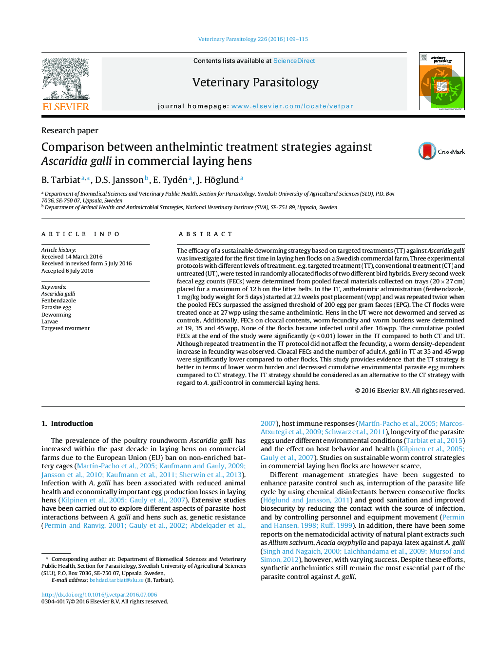 Comparison between anthelmintic treatment strategies against Ascaridia galli in commercial laying hens