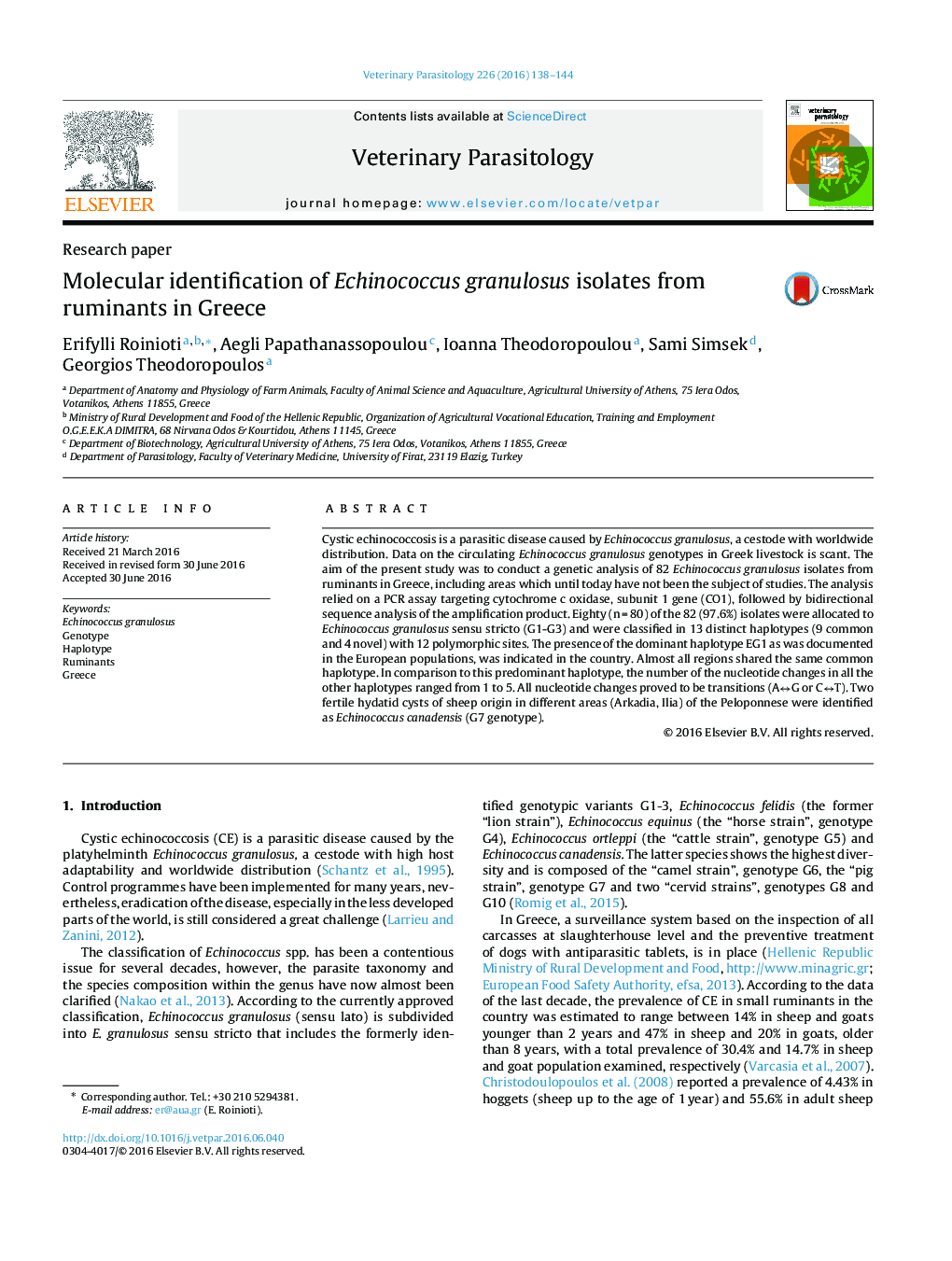 Research paperMolecular identification of Echinococcus granulosus isolates from ruminants in Greece