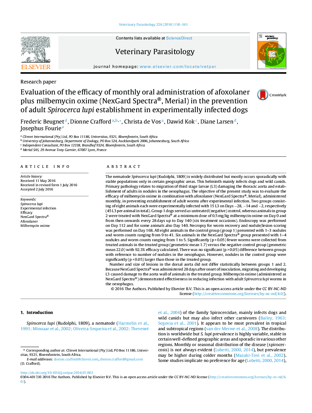 Evaluation of the efficacy of monthly oral administration of afoxolaner plus milbemycin oxime (NexGard Spectra®, Merial) in the prevention of adult Spirocerca lupi establishment in experimentally infected dogs