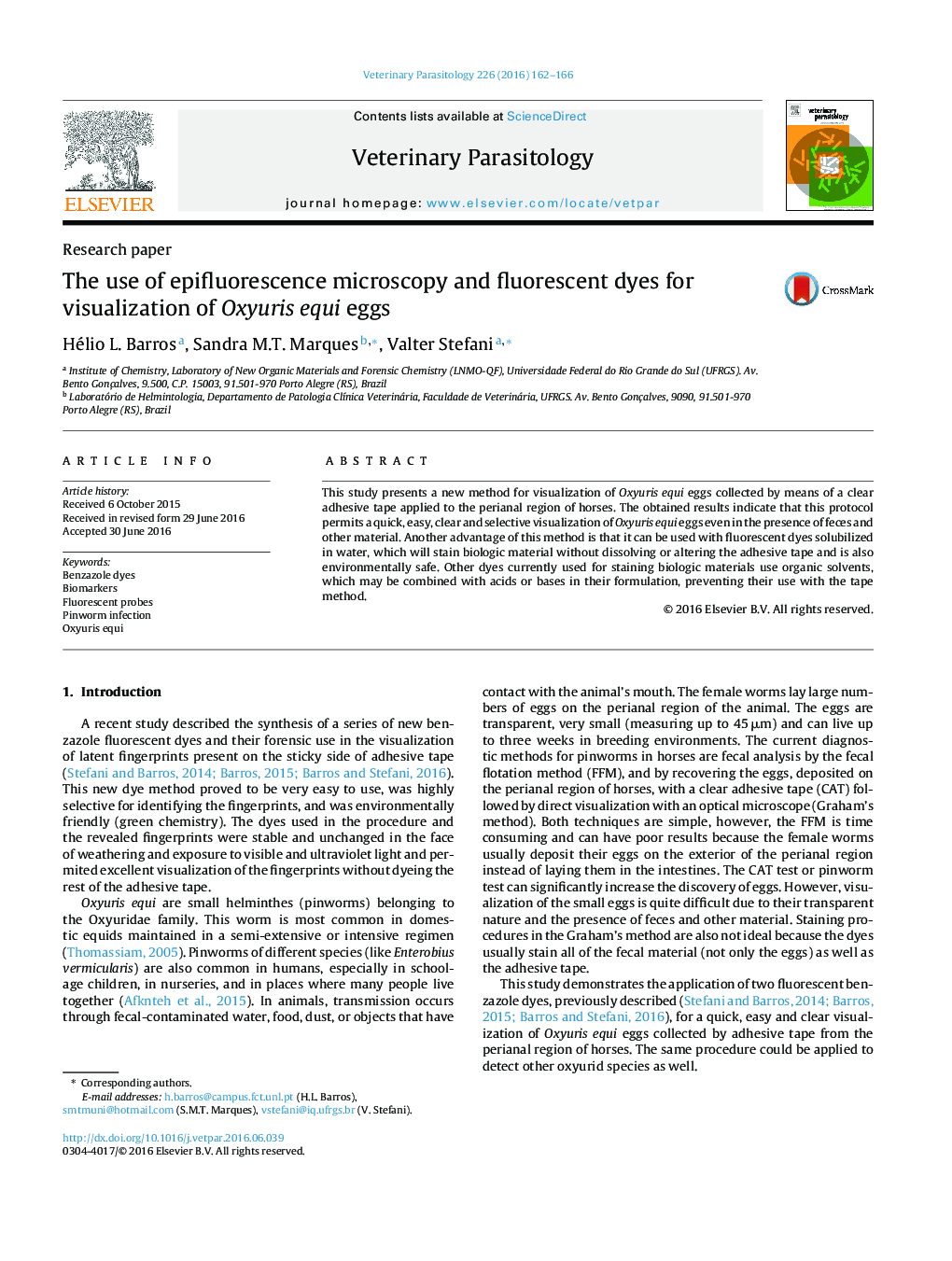 The use of epifluorescence microscopy and fluorescent dyes for visualization of Oxyuris equi eggs