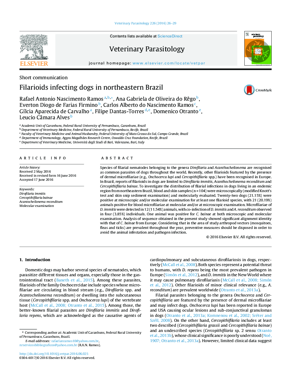 Filarioids infecting dogs in northeastern Brazil