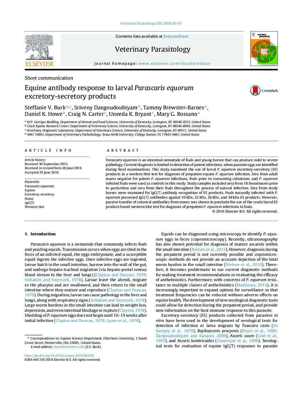 Equine antibody response to larval Parascaris equorum excretory-secretory products