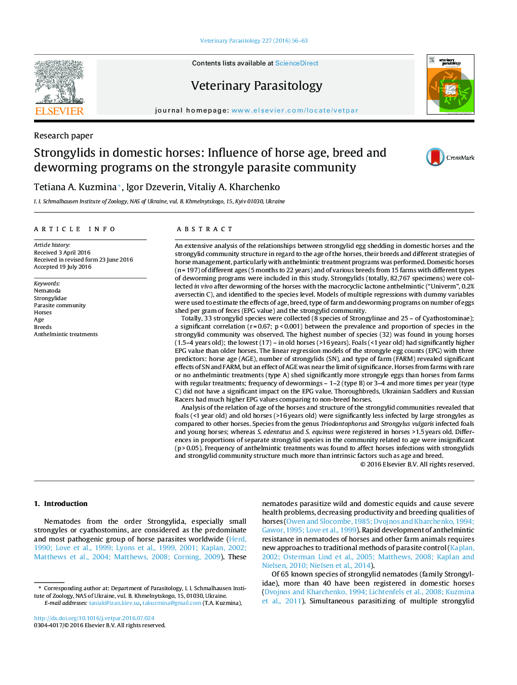Strongylids in domestic horses: Influence of horse age, breed and deworming programs on the strongyle parasite community