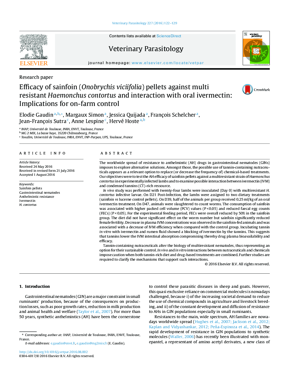 Efficacy of sainfoin (Onobrychis viciifolia) pellets against multi resistant Haemonchus contortus and interaction with oral ivermectin: Implications for on-farm control