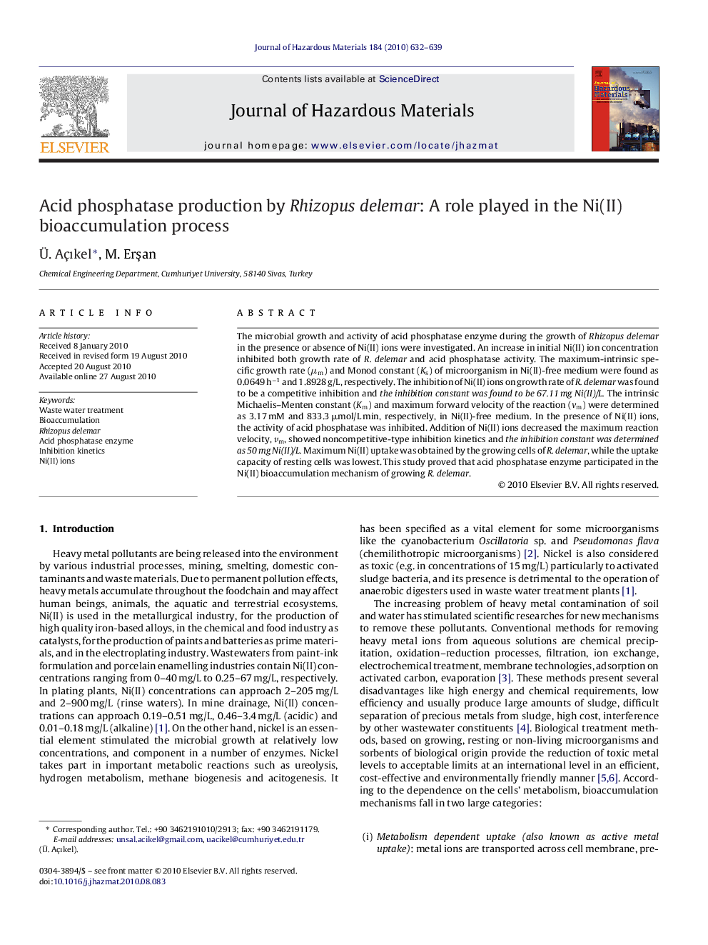 Acid phosphatase production by Rhizopus delemar: A role played in the Ni(II) bioaccumulation process