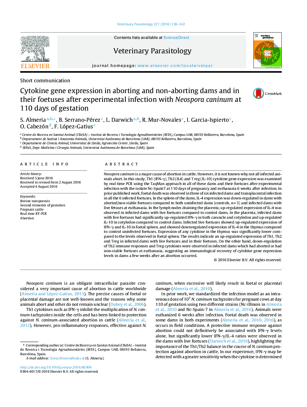 Cytokine gene expression in aborting and non-aborting dams and in their foetuses after experimental infection with Neospora caninum at 110 days of gestation