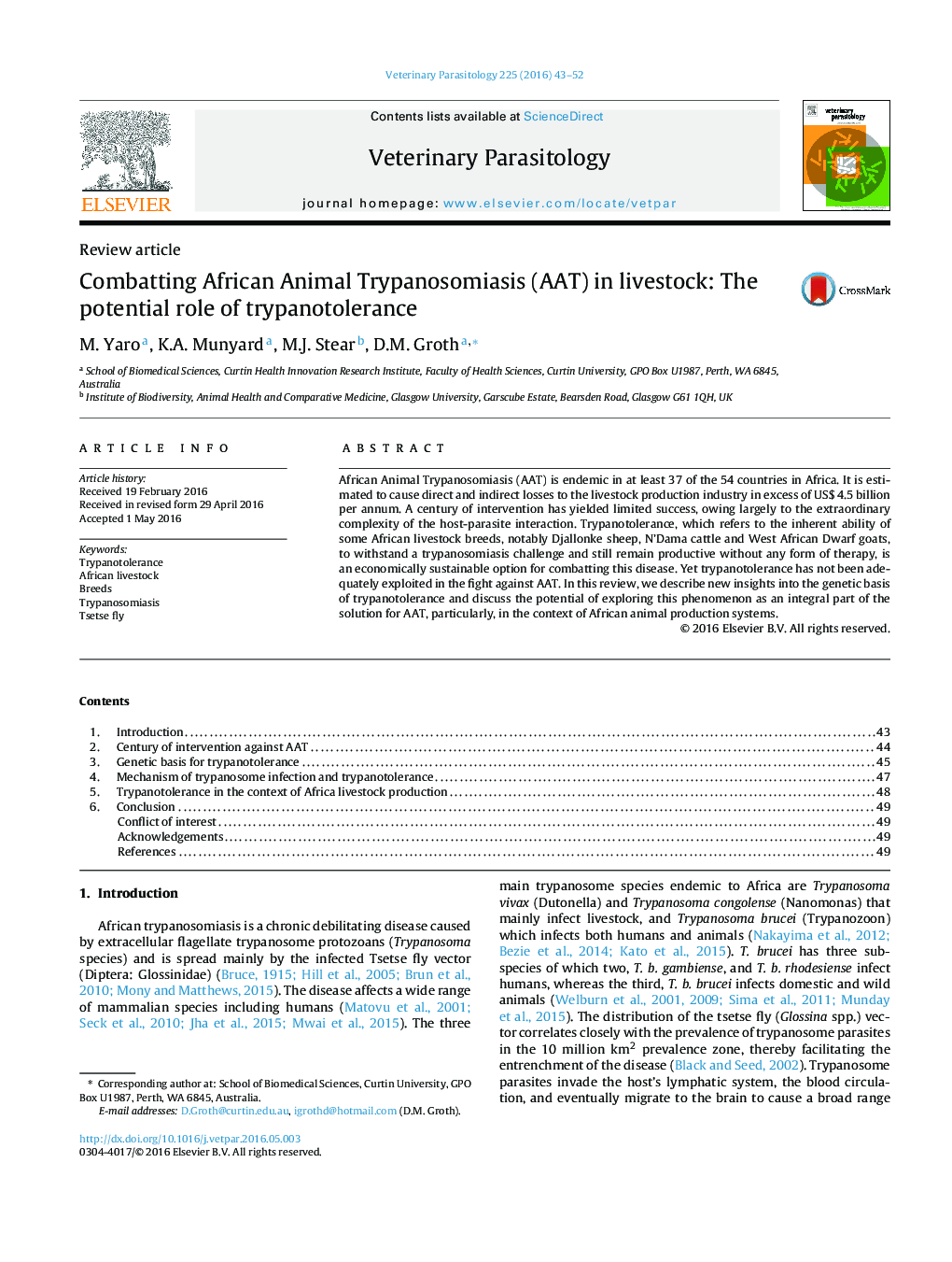 Combatting African Animal Trypanosomiasis (AAT) in livestock: The potential role of trypanotolerance