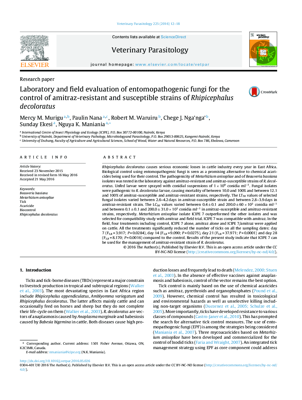 Laboratory and field evaluation of entomopathogenic fungi for the control of amitraz-resistant and susceptible strains of Rhipicephalus decoloratus